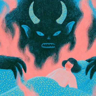 Illustration of a sleep paralysis demon crouching on a sleeper