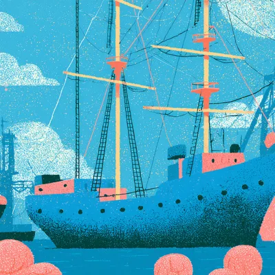 Illustration of a sailing ship in a harbor